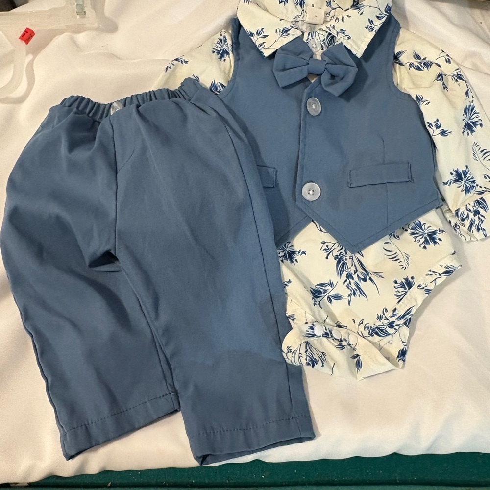 Newborn Boy 3/6 month Dress Outfit‎ Suit 4PC Set Shirt Vest Bowtie Pants